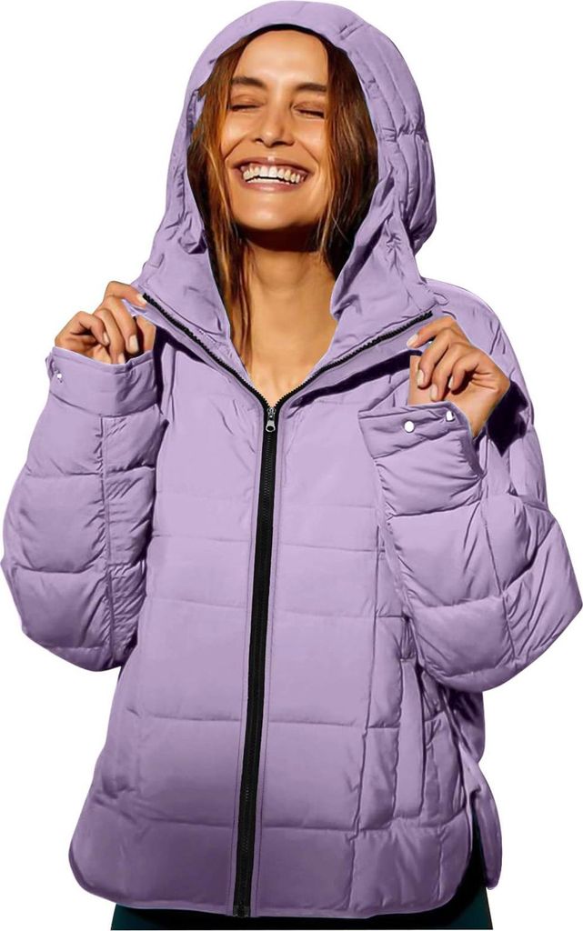 ASKSA Damen Steppjacke Leicht Kurz Kapuze Wintermantel Daunenjacke Jacke Laessig Outdoorjacke mit Taschen (Hellviolett,L)