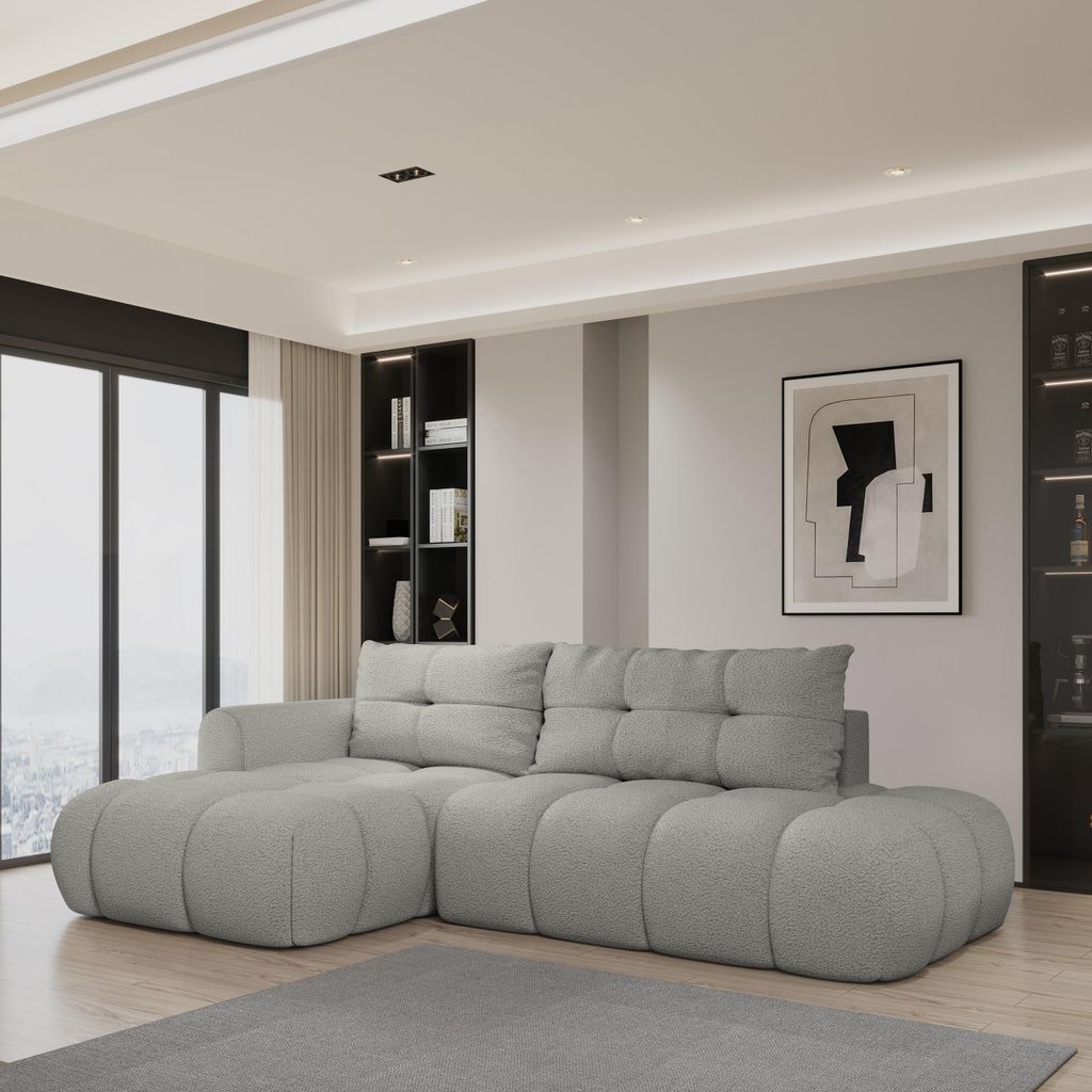 Masseno Ecksofa FLUMA L-S mit Schlaffunktion L-Form, Sofa mit Bettkasten, Wohnzimmersofa, Couch, Soffa, Bettsofa, Couchgarnitur- Hellgrau, QUELLE 83