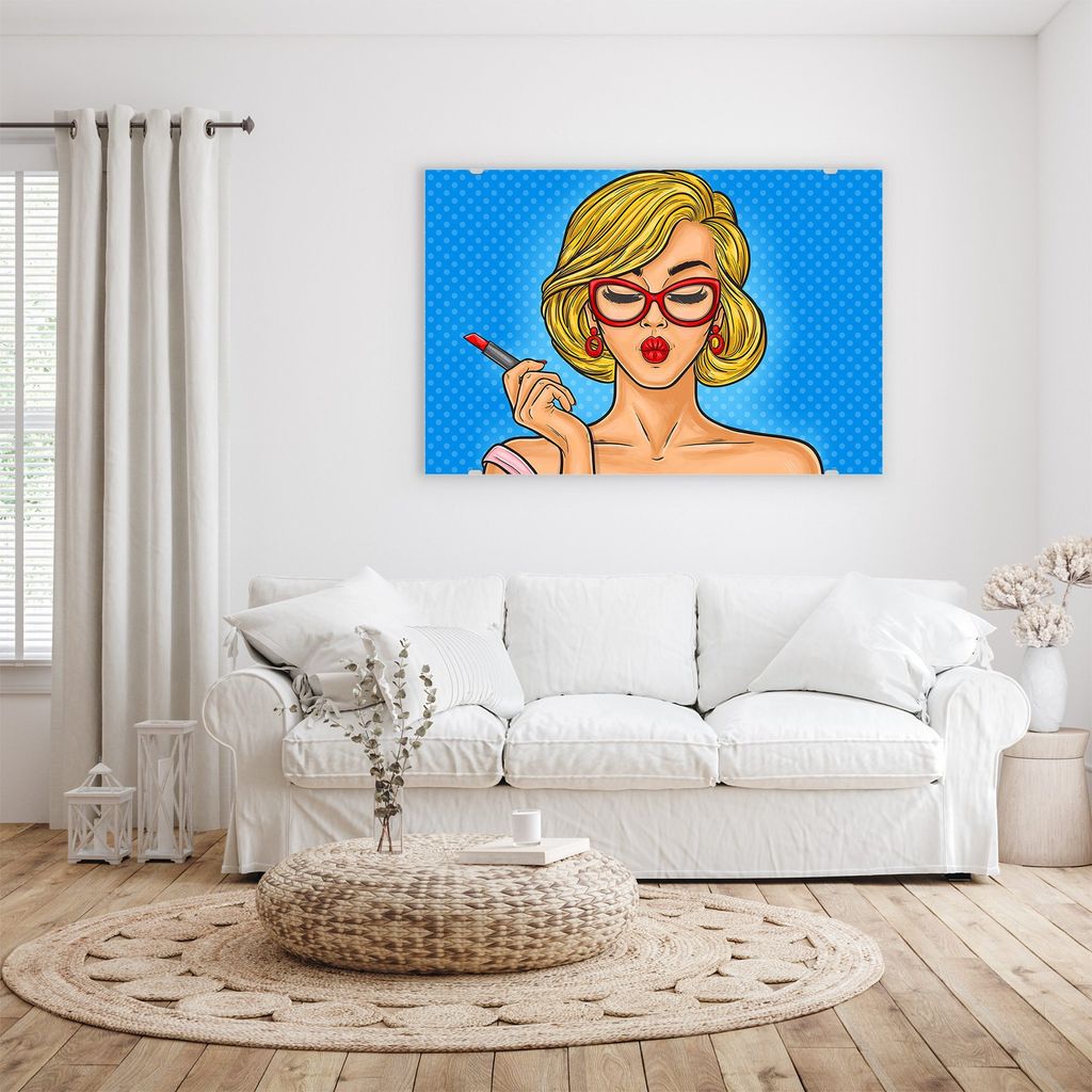 Glasbild Wandbild Frau malt ihr Lippen an 45x30cm in XXL für Wohnzimmer, Schlafzimmer, Badezimmer, Flur