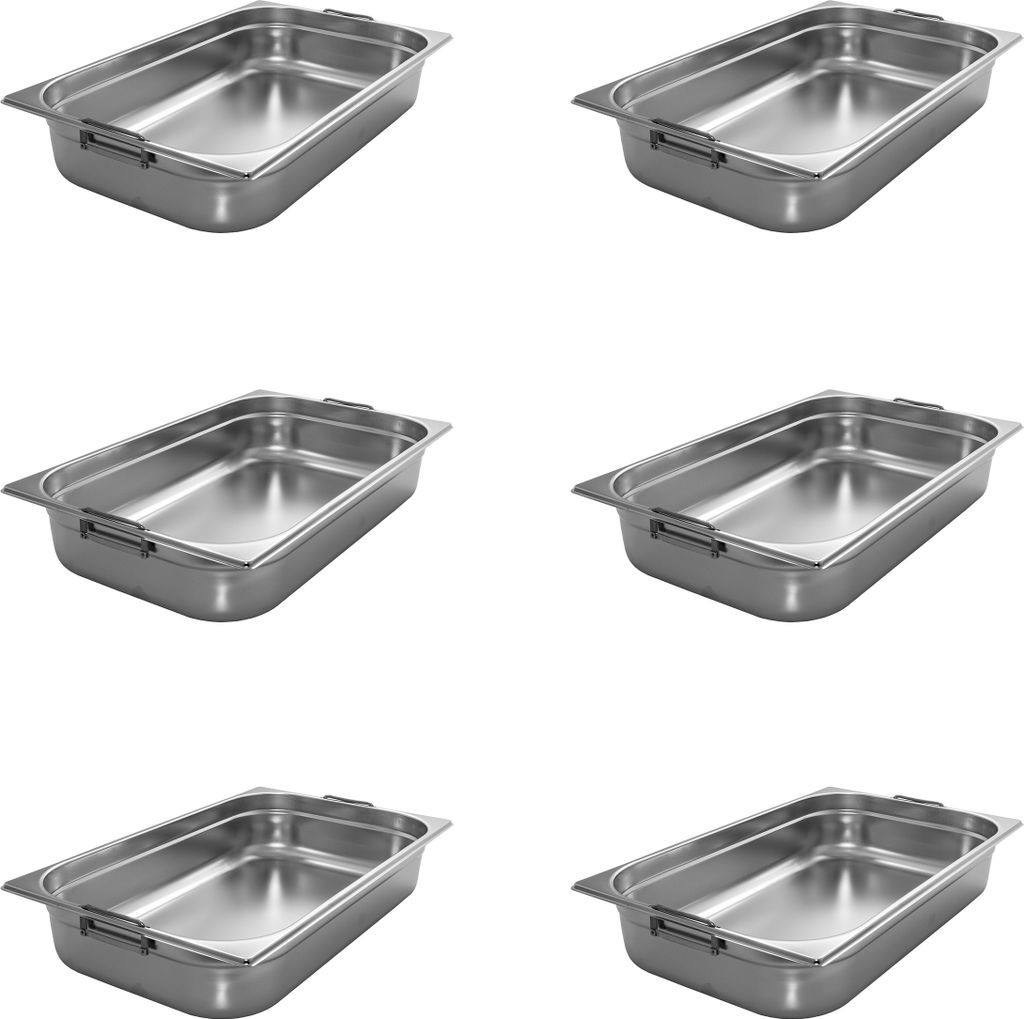 AcMax 6 Stück GN 1/1 Gastronormbehälter GN-Behälter Edelstahl 16 Liter Tiefe 100mm FALLGRIFF