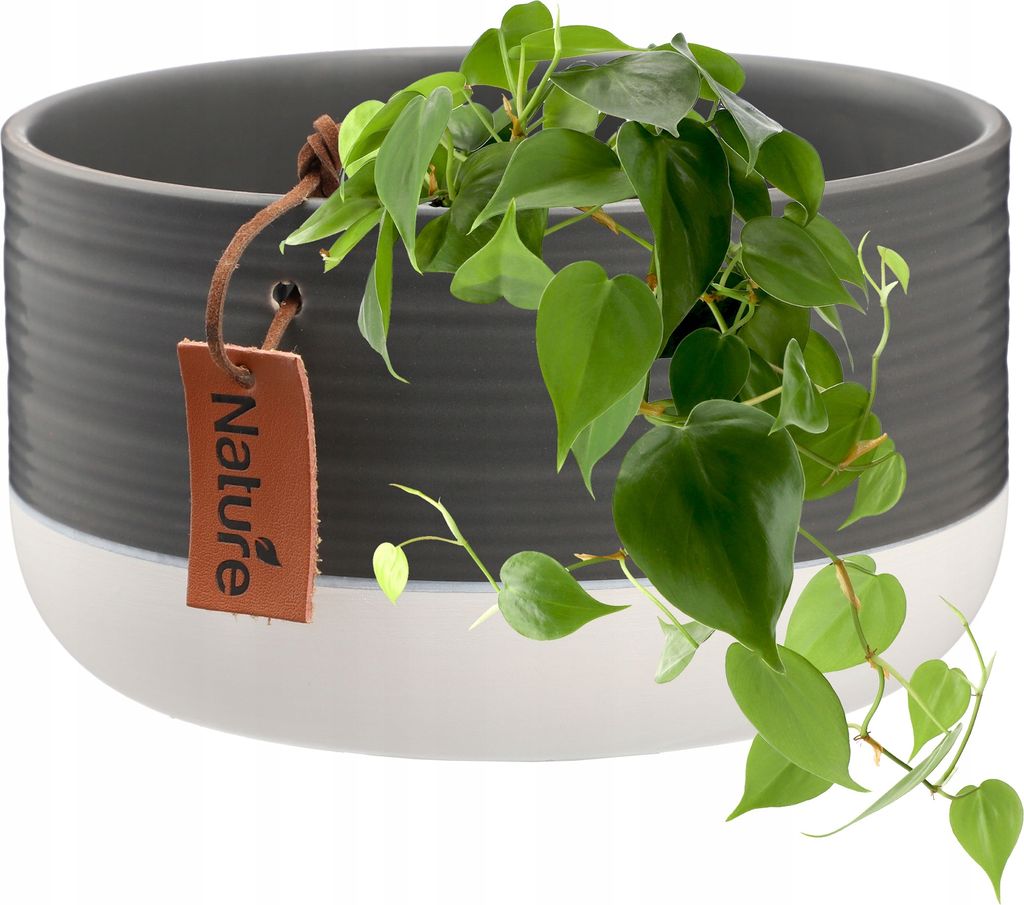 A close-up shot of a gray and white ceramic plant pot with a green plant spilling out.