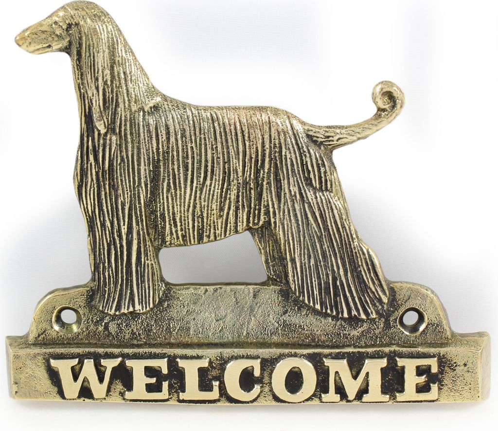 Afghanischer Windhund, Afghane - Türschild mit Hund, messingfarbenes Willkommensschild, einzigartiges Schild mit der Aufschrift Welcome von der Ma...