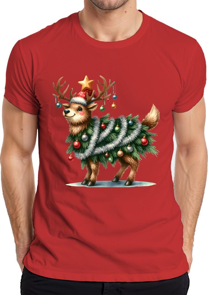 Rentier Weihnachtsbaum Lametta Kugeln Stern lustig Weihnachten Herren T-Shirt, Rot, L