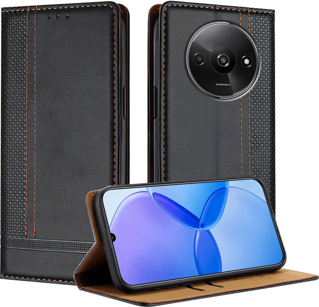 Handyhülle für Xiaomi Redmi A3 Leder Flip Klappbare Schutzhülle mit Standfunktion Schwarz