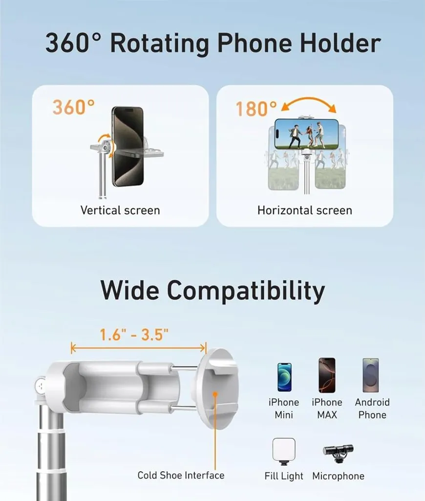 Bâton à selfie 1,8 m avec trépied stable et télécommande Bluetooth noir - 8