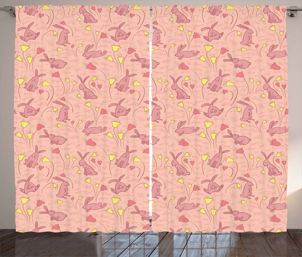 ABAKUHAUS Tier Rustikaler Vorhang, Bunnnies und Blumen, Wohnzimmer Universalband Gardinen mit Schlaufen und Haken, 280 x 245 cm, Dunkler Coral Pale...
