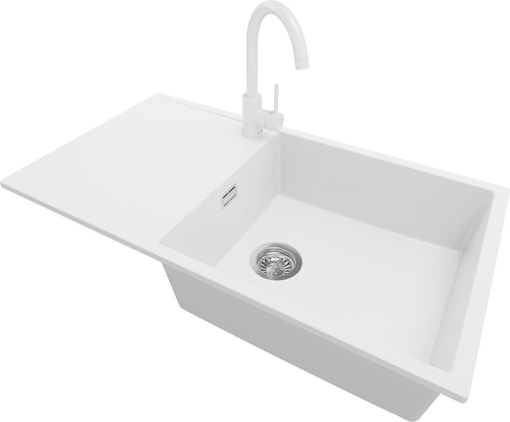 PRIMAGRAN Granitspüle Weiß 90x50cm, Spülbecken 1 Becken + Küchenarmatur 32x20cm + Ablauf-Set, Küchenspüle ab 60er Unterschrank - Ibiza