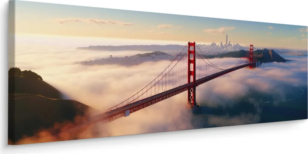 Quadro panoramico su tela ponte di San Francisco nebbia architettura 3D l. 145 cm x h. 45 cm