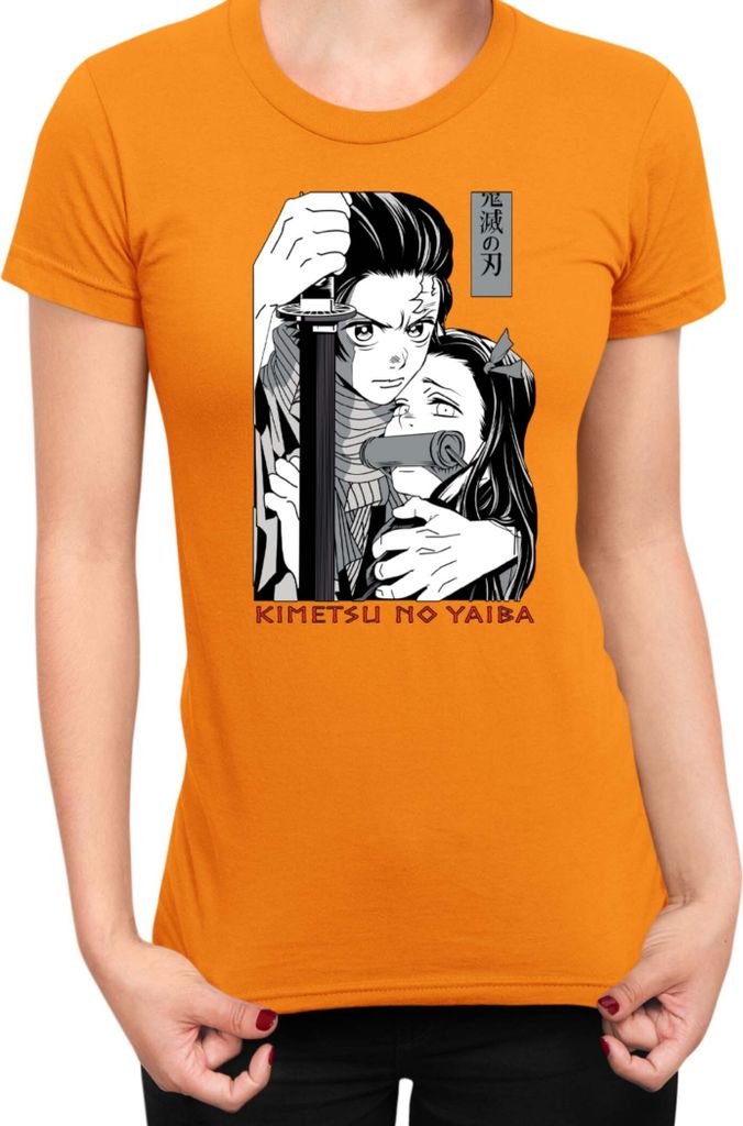 Damen T-Shirt Demon Anime Slayer Kimetsu No Yaiba Tanjiro Nezuko Kamado 003, Lady 2XL / Orange