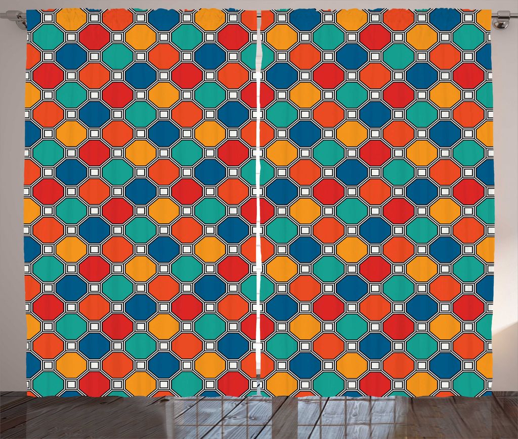 ABAKUHAUS Geometrisch Rustikaler Gardine, Octagons mit Squares, Schlafzimmer Kräuselband Vorhang mit Schlaufen und Haken, 280 x 225 cm, Mehrfarbig