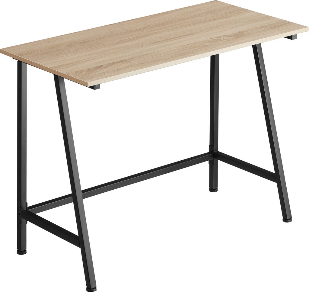 A light brown wooden desk with black metal legs.