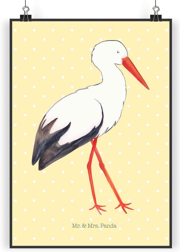 Mr. & Mrs. Panda Bild Storch DIN A5 - Gelb Pastell - Geschenk, Mutter, Kunstdruck, Geburt, Störche, Baby, Wanddekoration, Lustige Sprüche, drucke...