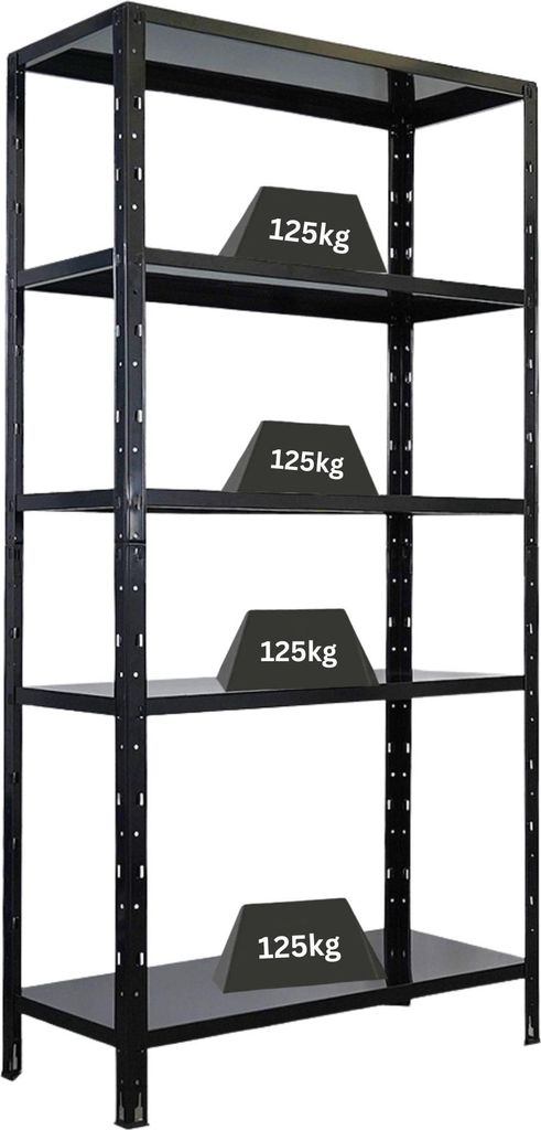 Schwerlastregal Ares | HxBxT 180x90x40cm | 5 Stahlplatten-Ebenen | Fachlast 125 kg | Schwarz