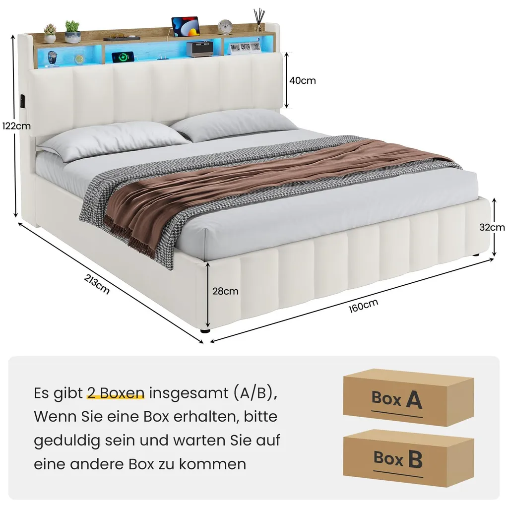 Lit beige 160x200 cm anti-encombrement avec LED et prises USB intégrées - 2