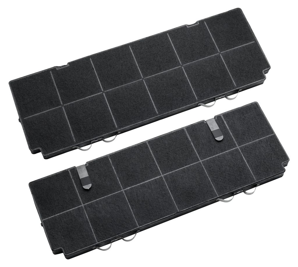 Two charcoal filters for a cooker hood, arranged diagonally on a white background.