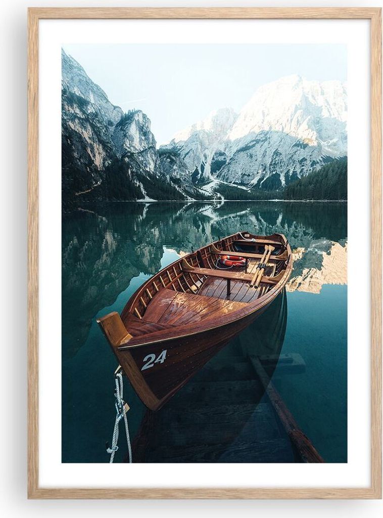Gerahmtes Poster - Rahmen in heller Eiche - Boot Tal Berge - 50x70 cm - Wand Bild - Wanddeko - Wandbilder - Kunstposter - Wandposter - Bilderrahmen...