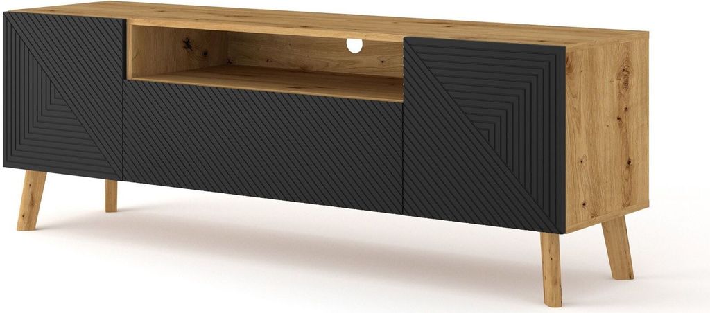 TV Schrank LUXI 160 cm Artisan Oak / Schwarz Matt 2D1K Sideboard Highboard TV Stand mit gefräster fronten MDF mit offene Regale Büfett Fernsehtisch