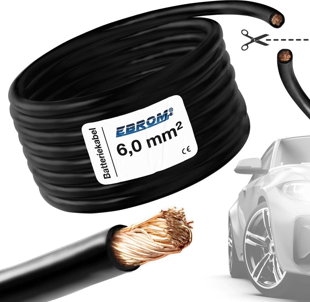 EBROM - FLY Fahrzeugleitung - KFZ Leitung – Batteriekabel SCHWARZ – Querschnitt 6 mm2 - Meterware – flexibel 90 ± 5 Shore - 99,9 % OFC Kupfe...