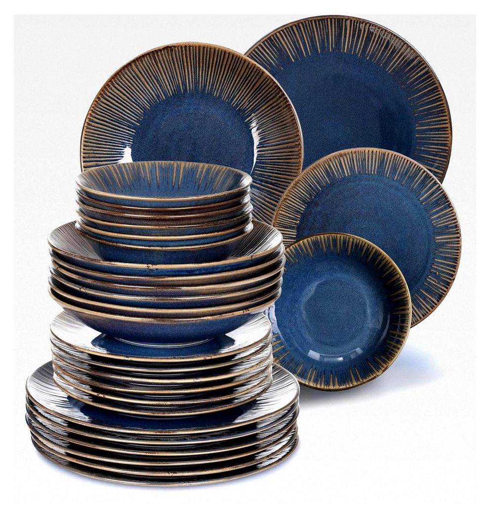 24-teiliges Geschirrset für 6 Personen, handbemalt | 6 große Essteller, 6 tiefe Suppenteller, 6 Dessertteller und 6 Schüsseln | Hochwertig in My...