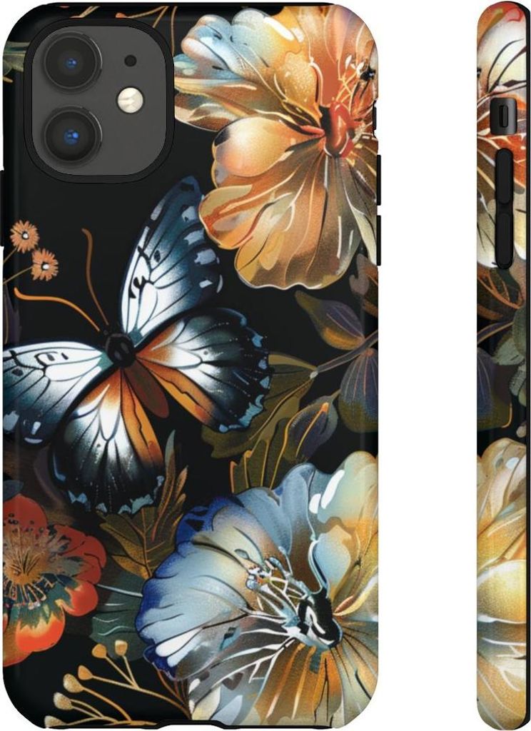 Schmetterlinge und Blumenmuster auf Schwarz – Hülle Kompatibel mit iPhone 11