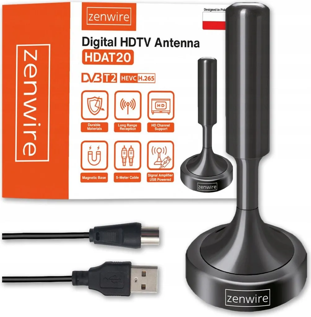 Antenna per televisione terrestre - Antenna da interno - DVBT2 HEVC H.265 - Antenna da interno - Potente - 5 m