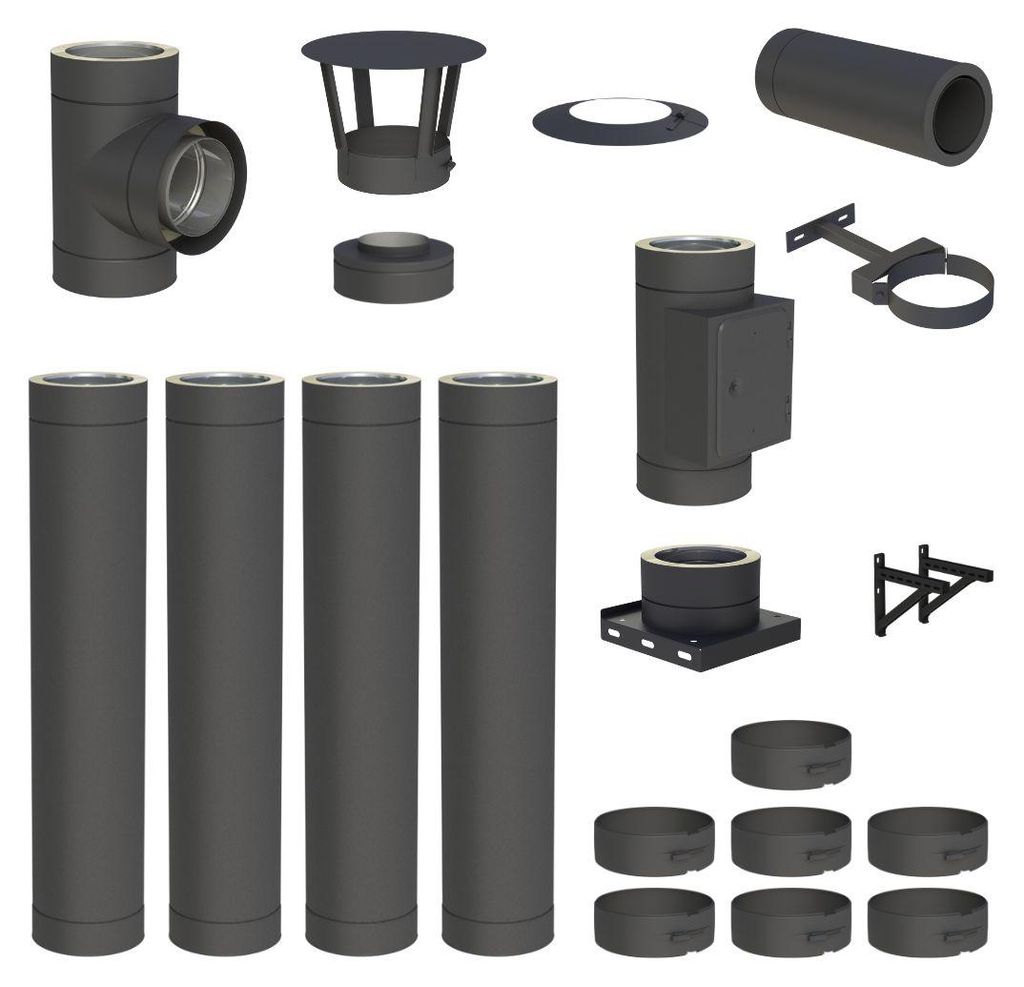 4,8 m Edelstahlschornstein Ø 200 mm Komplettset doppelwandig DW-Black Wandmontage