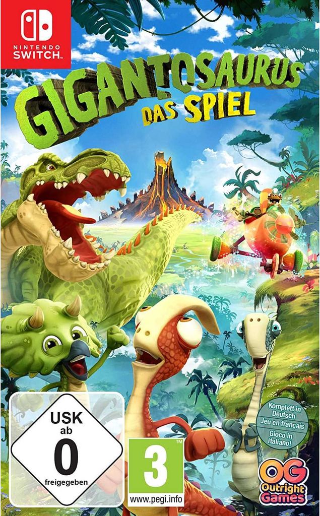 The cover art for the Nintendo Switch game 'Gigantosaurus: Das Spiel', featuring cartoon dinosaurs in a jungle environment with a volcano in the background.