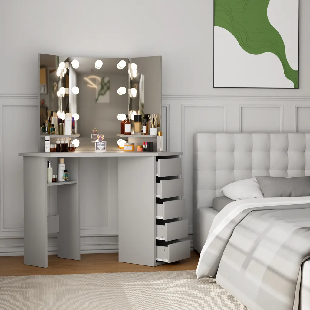 Coiffeuse Miroir 3 Faces LED à Luminosité Réglable avec 5 Grands Tiroirs