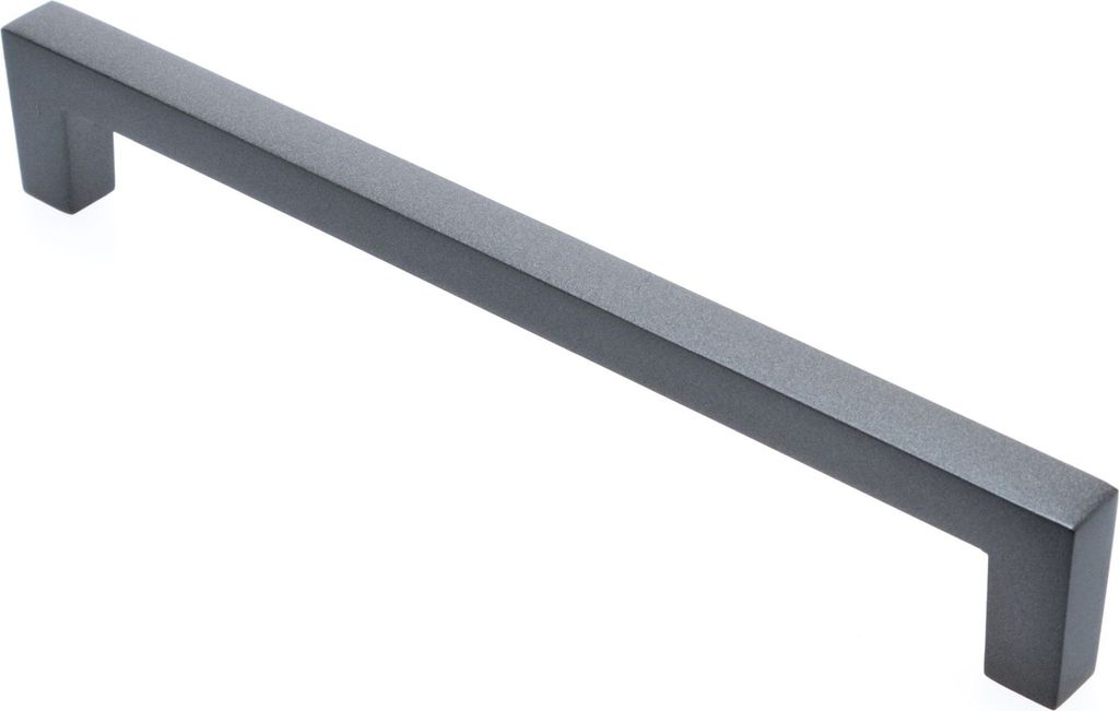 A single, dark gray cabinet handle shown diagonally against a white background.