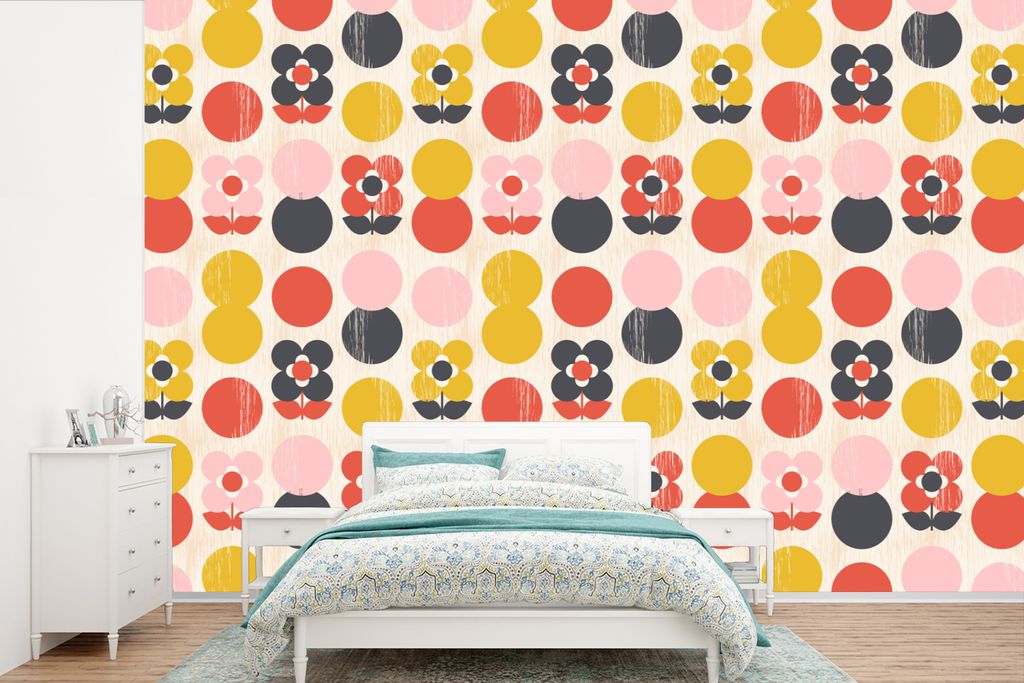MuchoWow Fototapete für Wohnzimmer oder Schlafzimmer Wandtapete Vinyl Motivtapete Retro - Design - Blumen - Pastell - 420x280 cm - Zimmer für K...