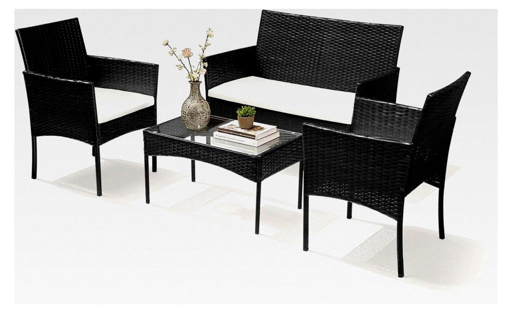 Gartenmöbel Set, 7-teiliges Polyrattan Sitzgruppe, Schwarz, Balkonmöbel mit Tisch, Sofa, 2 Sesseln, Lounge-Set wetterfest und bequem für 4-5 Per...