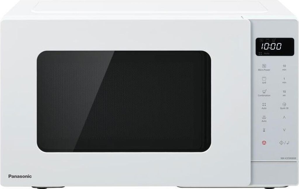 A white Panasonic microwave oven is shown from the front against a white background.