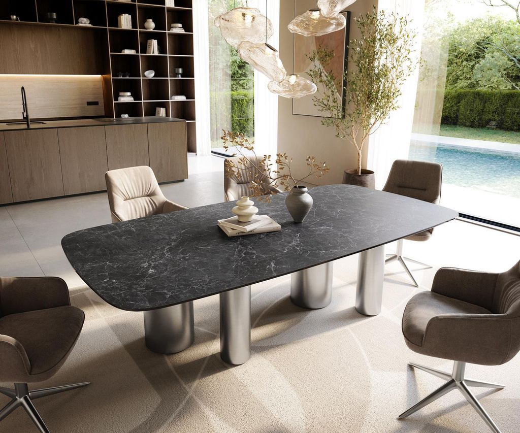 DELIFE Esstisch Edge Boot 240x120 cm Keramik Laminam Nero Greco Anthrazit Pilier Edelstahl gebürstet