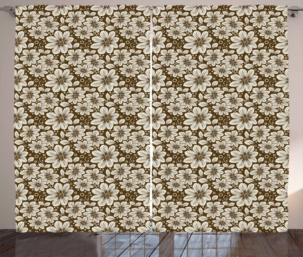 ABAKUHAUS Brown und Creme Rustikaler Gardine, Kosmos-Blume, Schlafzimmer Kräuselband Vorhang mit Schlaufen und Haken, 280 x 175 cm, Brown und Creme