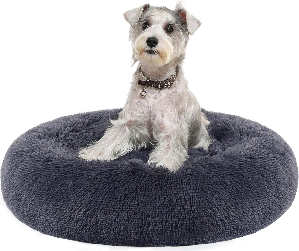 Donzig Hunde- und Katzenbett Donutkissen - waschbar - herausnehmbare Mittelfüllung - langes Plüsch - 70 cm Durchmesser - dunkelgrau