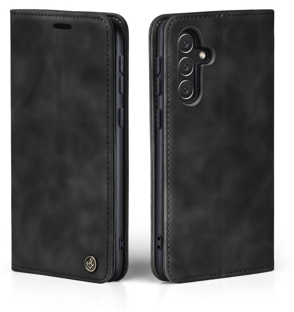 A black flip case for a Samsung Galaxy A54 5G phone is shown from two angles.