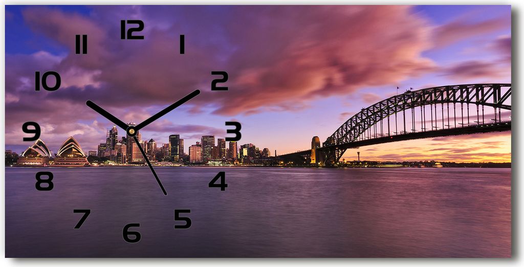Wanduhr aus Glas – 60x30 cm - Glasbild - Glasuhr - Gehärtetes Glas - schwarze-zeiger - Brücke in Sidney