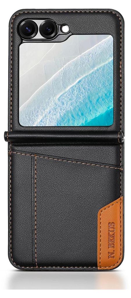 A black leather flip phone case with a brown accent and stitching, shown open.