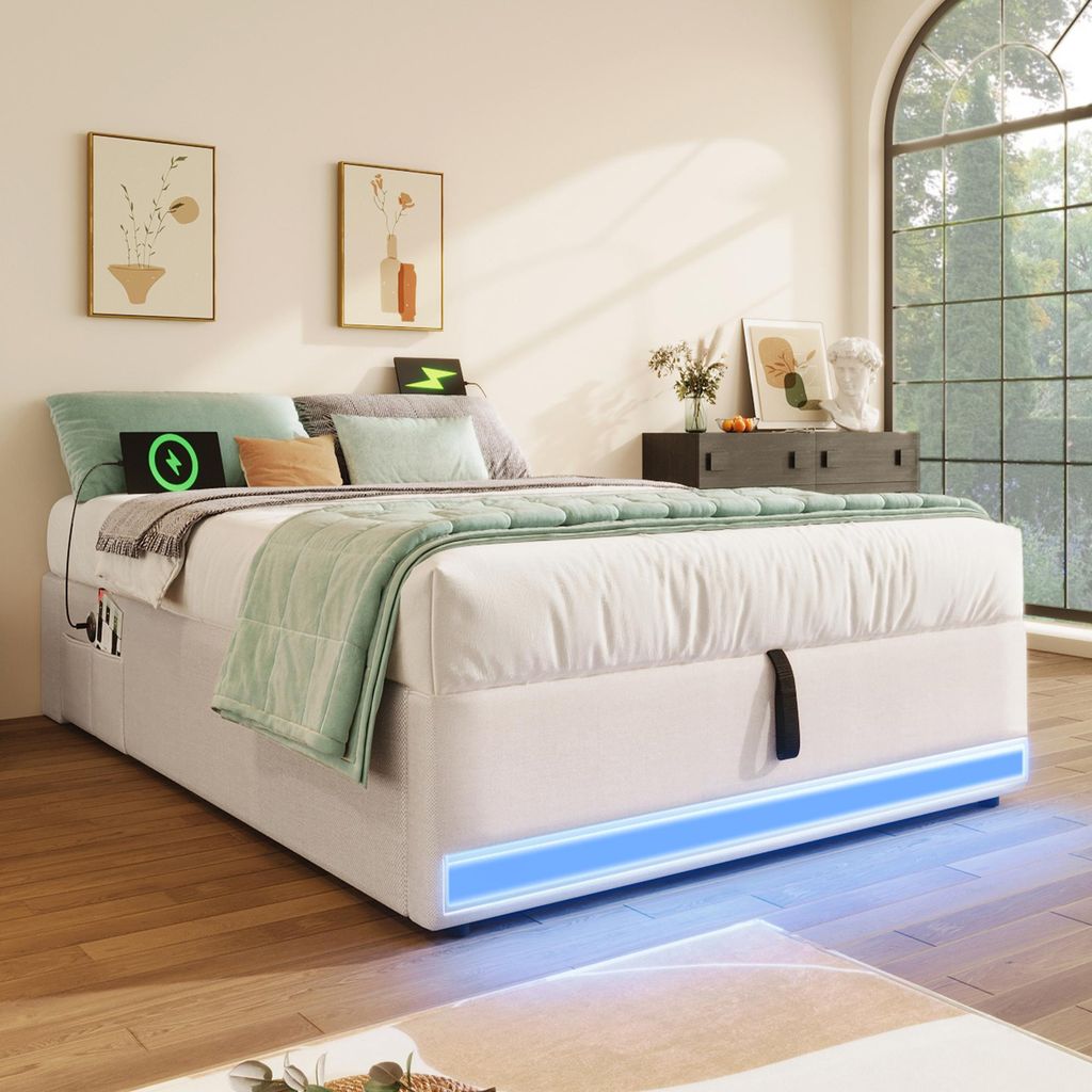 Polsterbett, 90*200cm , Fernbedienbare LED-Leiste,Mit USB und Typ-C, Mit kleinen Aufbewahrungstaschen, Kein Kopfteil-Design, Hydraulische Speicherf...