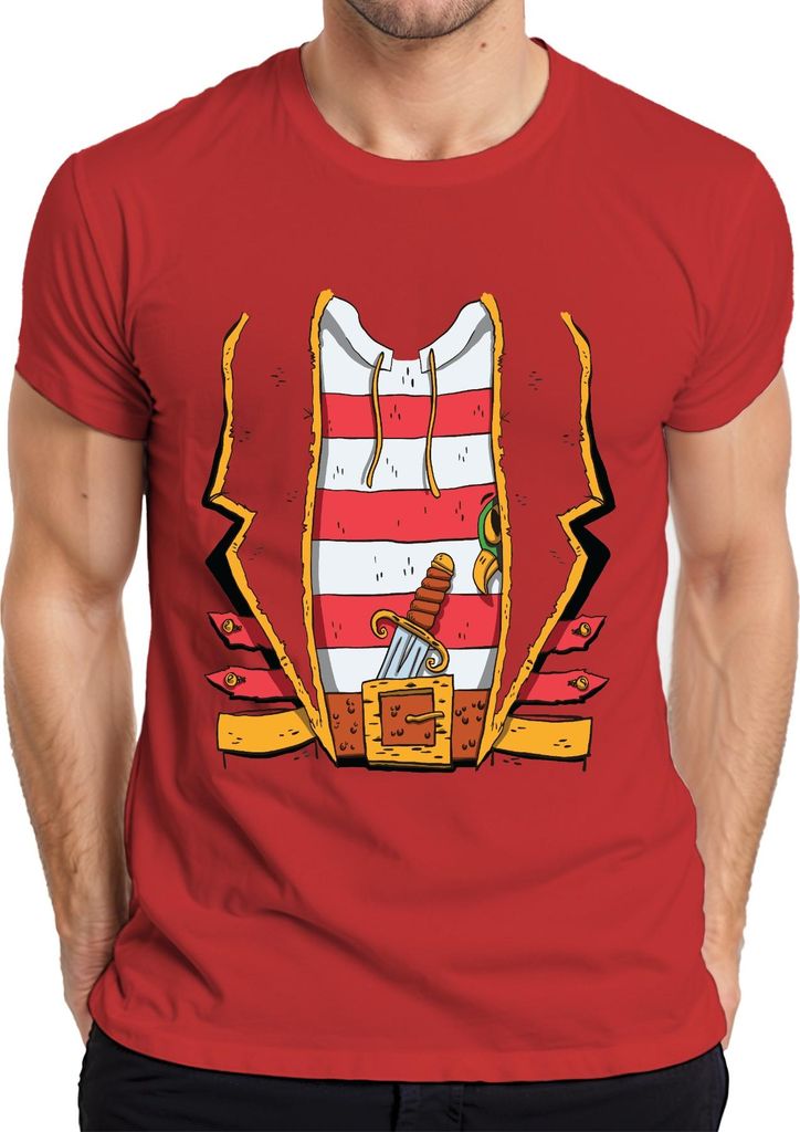 Seeräuber Pirat Dolch Gürtel gestreift Weste Karneval Vintage Herren T-Shirt, Rot, S
