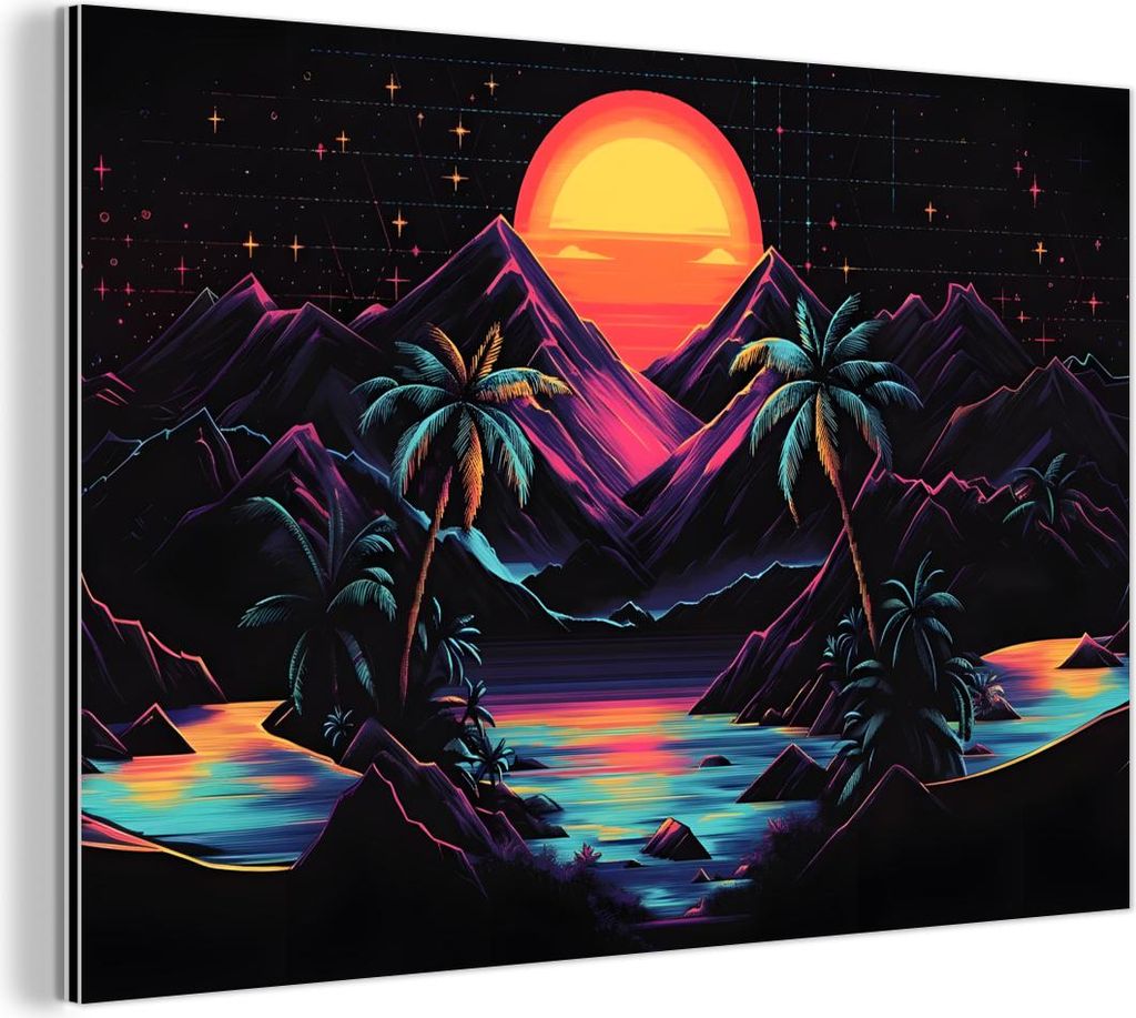 MuchoWow Wanddekoration Metall Metallbild Wandkunst 30x20 cm Palmen - Neonberge - Sternenhimmel - Sonne MuchoWow Aluminium Gemälde - Aluminiumgem...