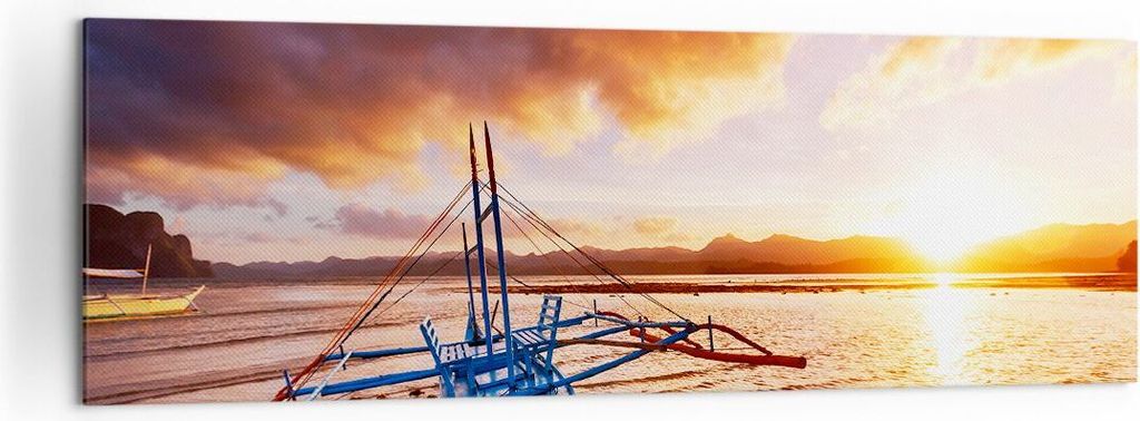 Bild auf Leinwand - Leinwandbild - Ufer Boot Strand - 160x50cm - Wand Bild - Wanddeko - Wandbilder - Leinwanddruck - Bilder - Kunstdruck - Wanddeko...