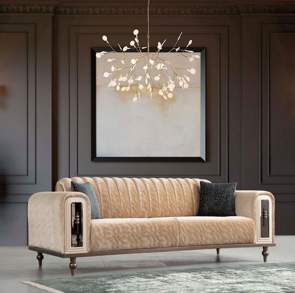 Luxus Bank Sofa Couch Beige Wohnzimmer Kanzlei JV Möbel Textil Sofas