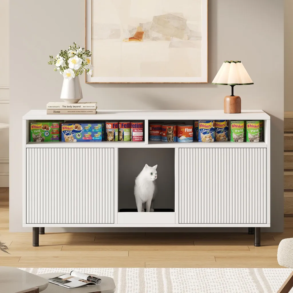 Meuble Anti-Odeur pour Litière Chat, Armoire Blanche avec Rangement - 2