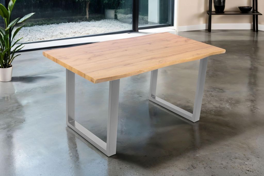 Esstisch Josy | 160 x 85 cm | Holz Wildeiche-Optik | U-Gestell Metall Silber | 40 mm Tischplatte mit Baumkante | Tisch für Esszimmer & Küche