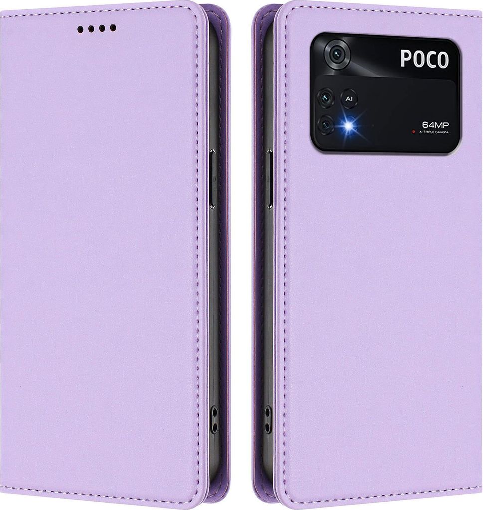 Handyhülle für Xiaomi Poco M4 Pro 4G, Kunstleder Klapphülle Stoßfeste Magnetische Hülle mit Ständer Violett