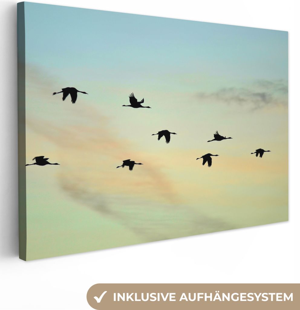 MuchoWow - Leinwandbilder - Ein gelb-blauer Himmel mit acht Kranichen, Wandbild, Wanddeko Bilder Wohnzimmer, 30x20 cm