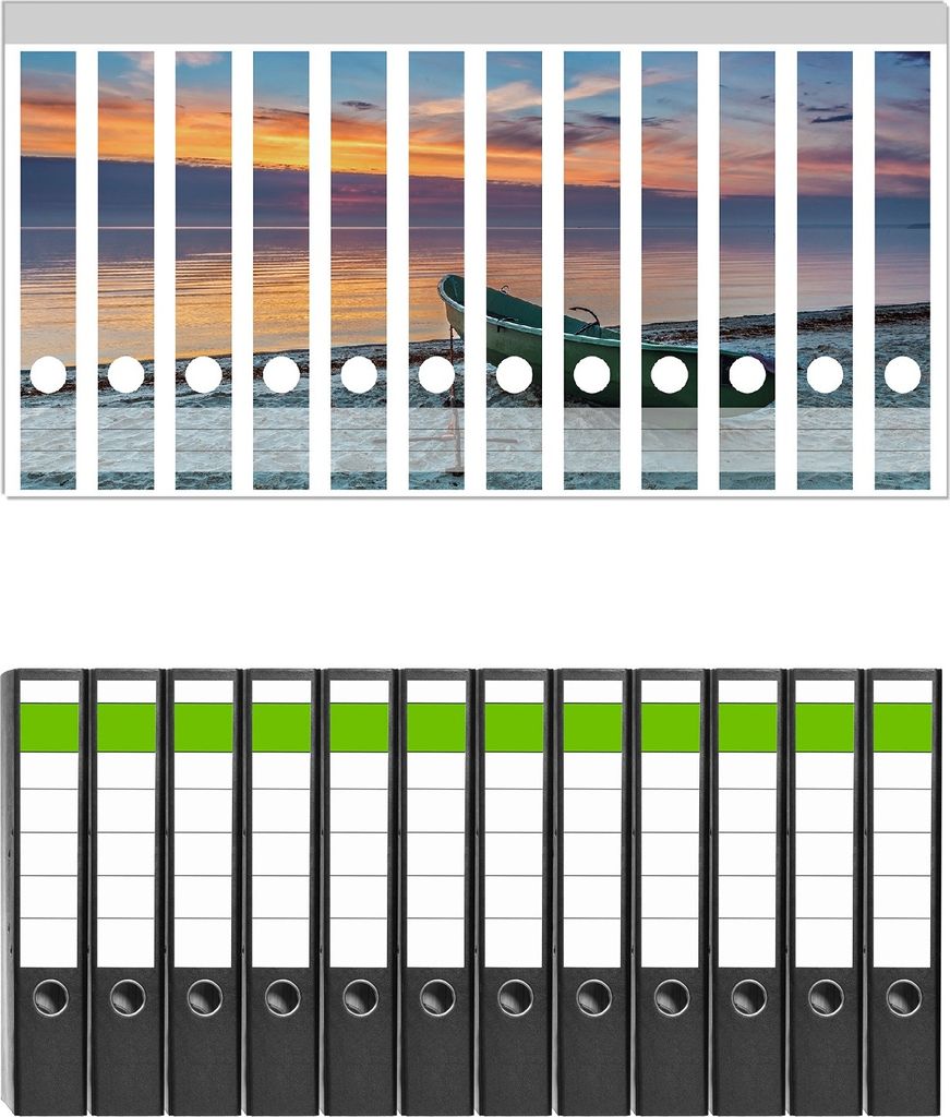 Wallario 12 Stück schmale Ordner inkl. Klebeetiketten mit Motive Einsames Fischerboot mit Anker am Strand - Set mit Rückenschildern / Ordnerrüc...