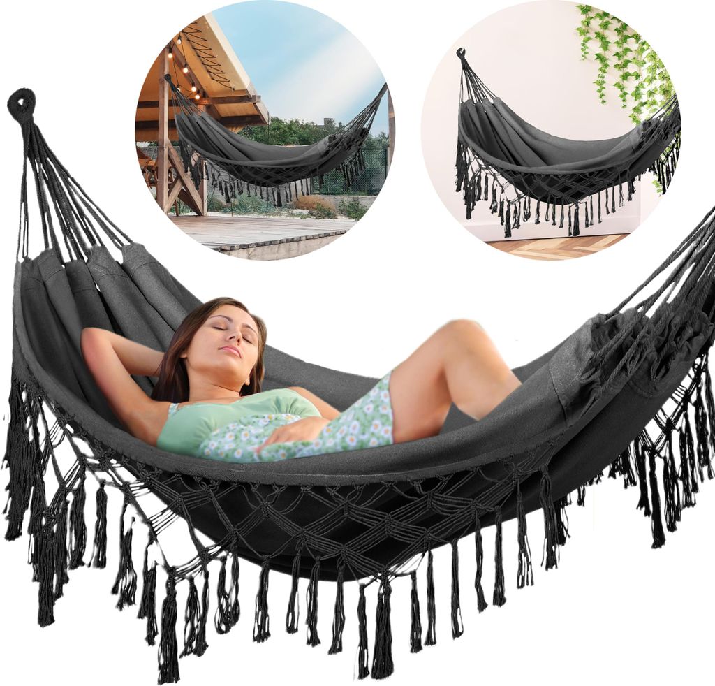 Outtec Hängematte XXL - 200x150 cm, bis 200kg - Boho Baumwoll Hammock für Outdoor, Garten, Balkon - für Kinder und Erwachsene - Schwarz