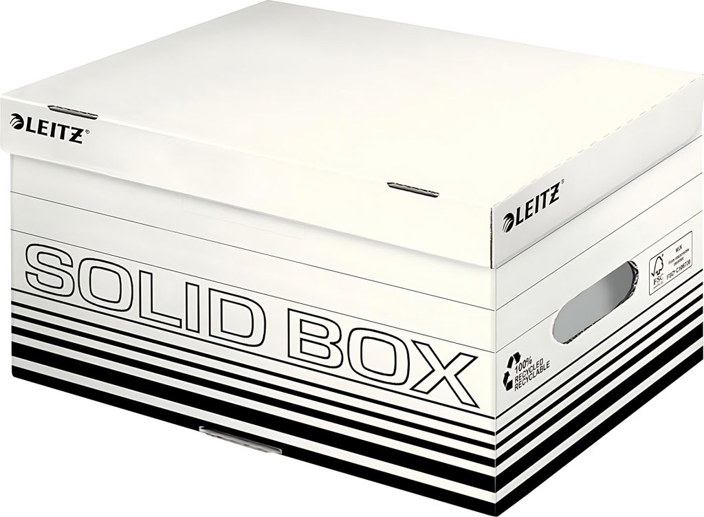 LEITZ Archiv-Klappdeckelbox Solid S, weiß/schwarz 100% geriffelter Recyclingkarton, doppelter Boden & Wände, - 10 Stück